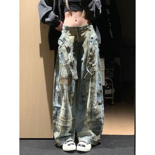 美式大码复古个性乱针刺绣牛仔裤男女街头vibe脏染拖地弯刀长裤潮