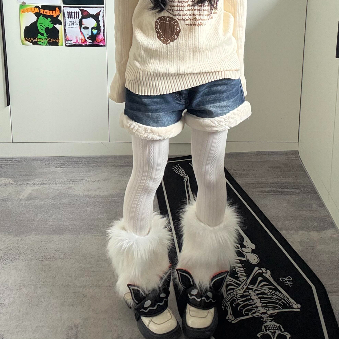 大码美式复古毛绒拼接牛仔短裤女