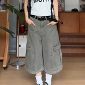 宽松解构阔腿七分短裤 大码 裤 男女夏季 美式 复古做旧水洗大口袋工装
