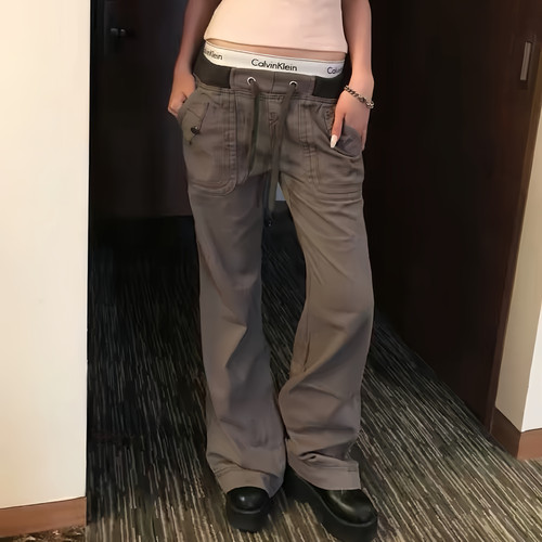 大码美式复古低腰工装微喇牛仔裤女夏季辣妹设计感绑带直筒休闲裤 - 封面