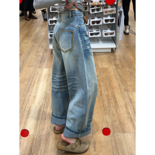 宽松直筒阔腿长裤 大码 女2026新款 复古口袋刺绣设计感牛仔裤 子 美式