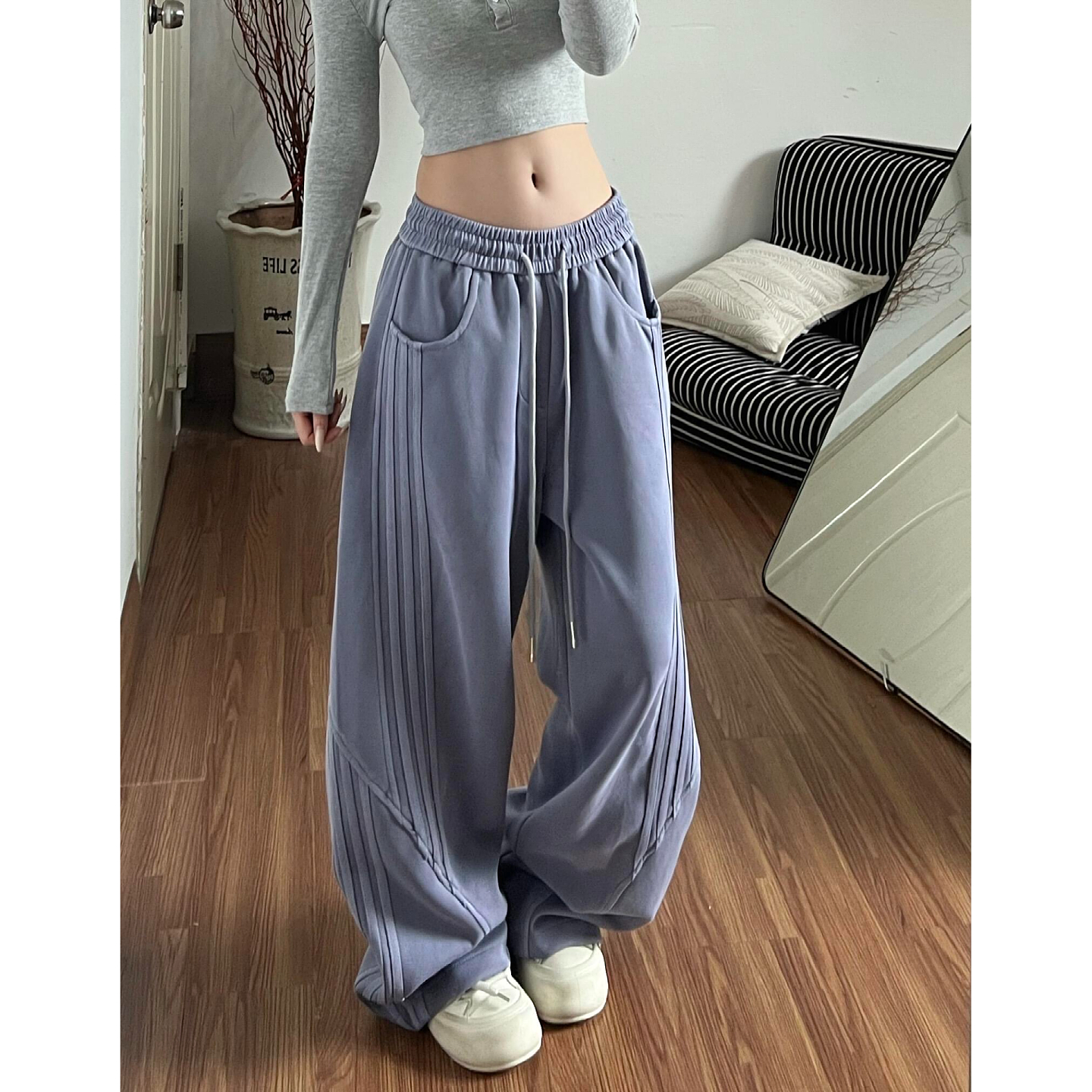 大码美式水洗渐变条纹卫裤