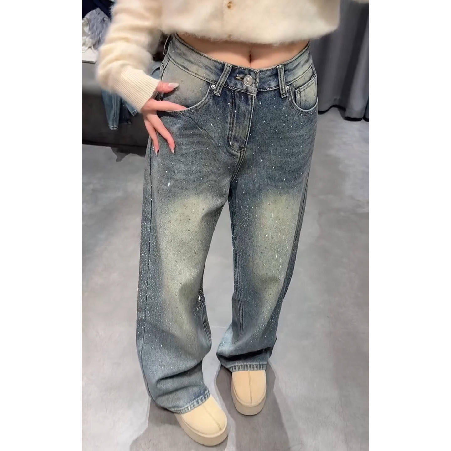 大码美式复古辣妹满天星烫钻牛仔裤女2026新款宽松直筒显瘦长裤子,女装/女士精品,大码裤装,淘宝优惠券,粉丝福利购,淘宝优惠卷