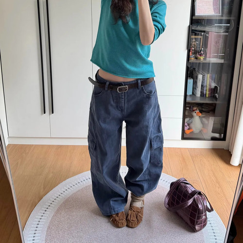 大码工装多袋阔腿牛仔裤女秋冬