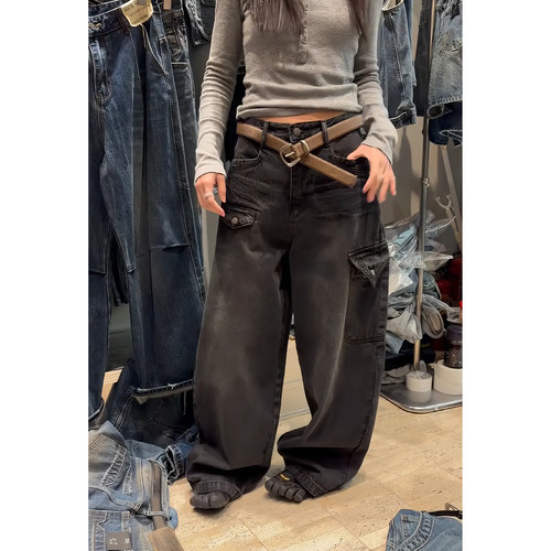 大码高腰阔腿工装牛仔裤女秋新款