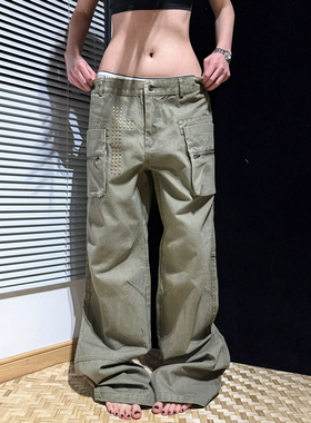 美式vibe复古街头大口袋铆钉绿色工装休闲裤男女高街宽松显瘦长裤