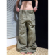 男女高街宽松显瘦长裤 休闲裤 vibe复古街头大口袋铆钉绿色工装 美式