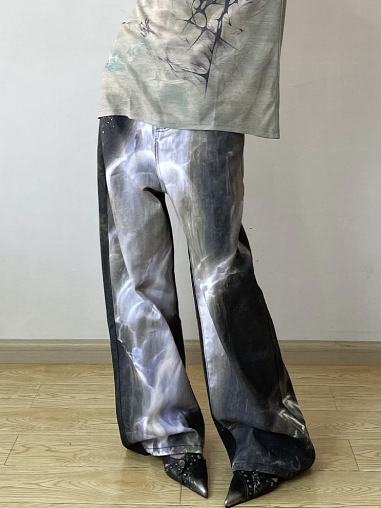 대형 아메리칸 스트리트 헤비듀티 워시 폭포 프린트 청바지 여성 디자인 루즈 캐주얼 와이드 레그 바지 트렌디