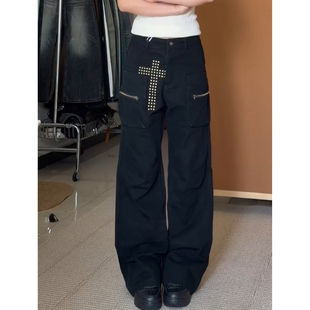男女街头宽松直筒休闲裤 美式 牛仔裤 大口袋铆钉十字架工装 vibe大码
