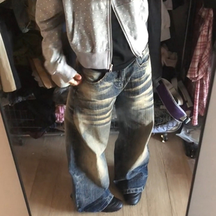 男女街头做旧宽松显瘦直筒长裤 复古水洗渐变弯刀牛仔裤 潮 美式 大码
