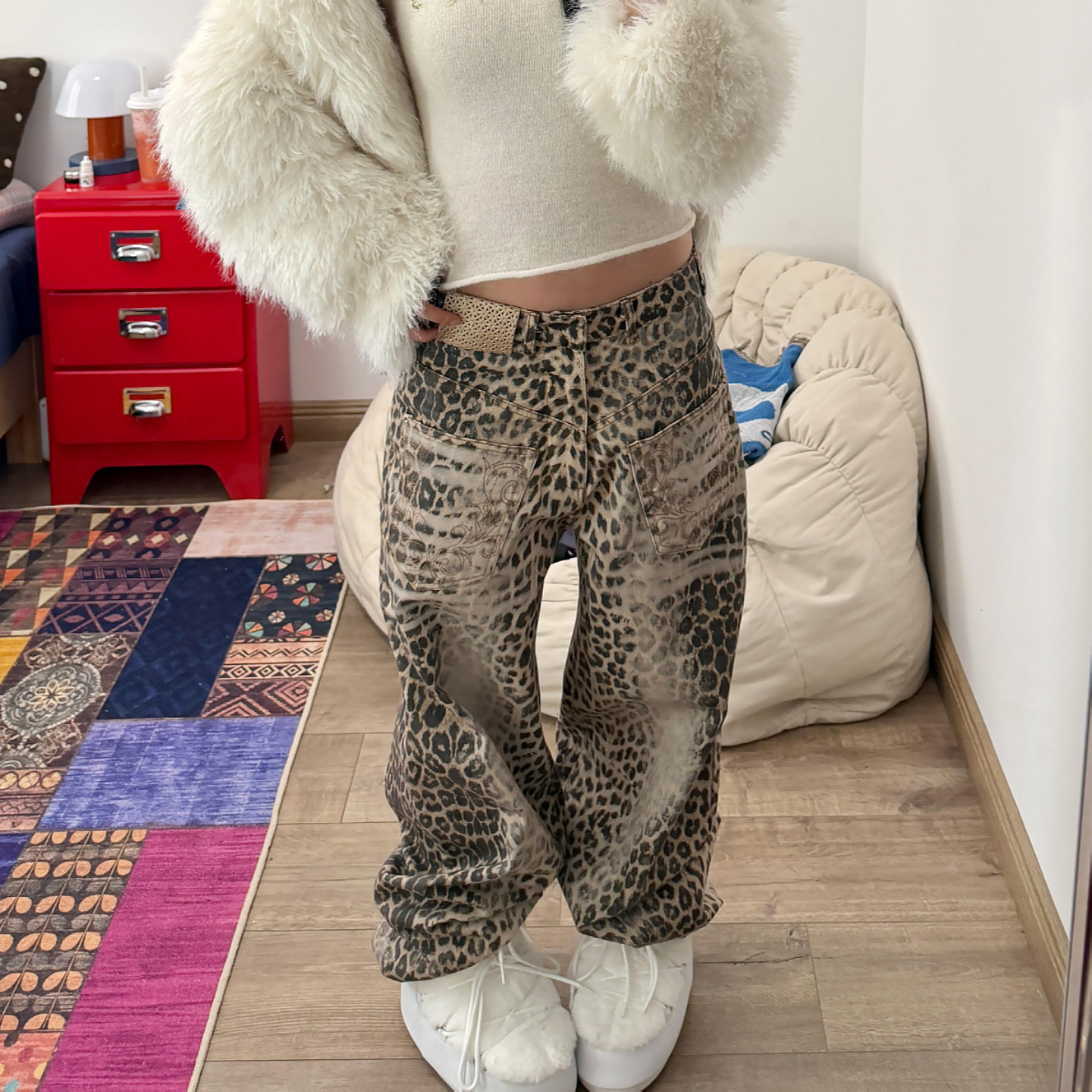 大码美式vibe复古豹纹刺绣牛仔裤女辣妹设计感时髦宽松拖地阔腿裤,女装/女士精品,大码裤装,淘宝优惠券,粉丝福利购,淘宝优惠卷