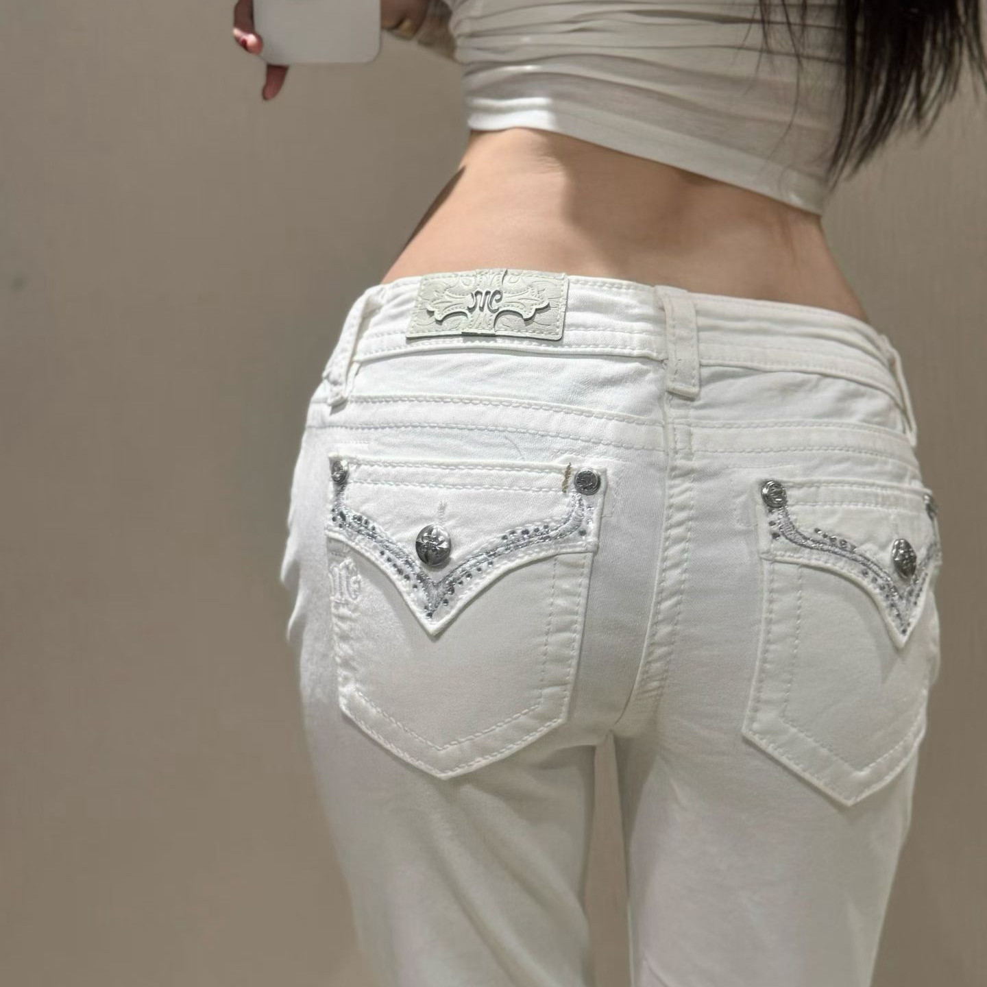 大码美式复古口袋刺绣烫钻微喇牛仔裤女y2k辣妹低腰修身显瘦长裤,女装/女士精品,大码裤装,淘宝优惠券,粉丝福利购,淘宝优惠卷