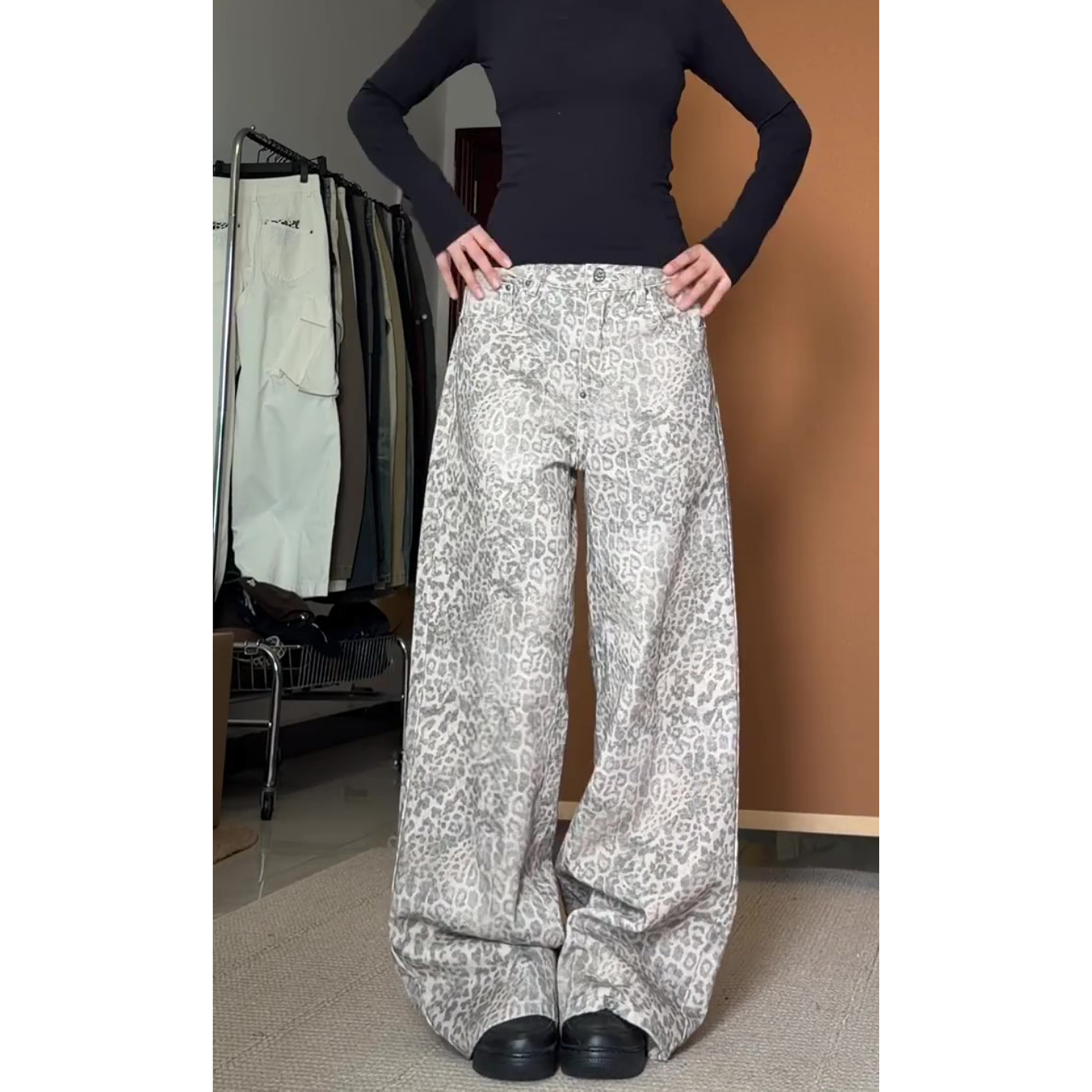 大码美式复古水洗豹纹阔腿裤