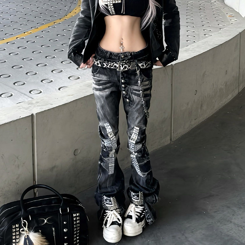 大码美式复古十字架烫钻双腰头牛仔裤女朋克辣妹修身排扣弯刀长裤,女装/女士精品,大码裤装,淘宝优惠券,粉丝福利购,淘宝优惠卷