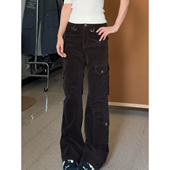 美式 复古工装 多口袋灯芯绒阔腿裤 大码 女高街宽松显瘦垂感休闲长裤