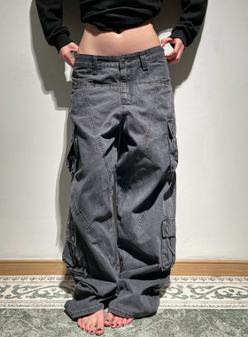 大码美式工装风多口袋宽松直筒裤灰色高腰宽松显瘦解构休闲拖地裤