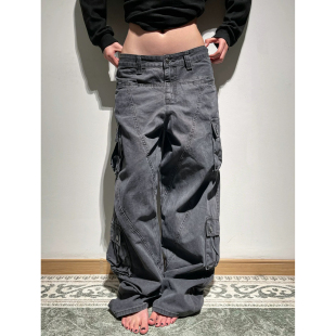 灰色高腰宽松显瘦解构休闲拖地裤 大码 风多口袋宽松直筒裤 工装 美式