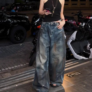 男女街头宽松显瘦阔腿垂感拖地裤 复古水洗做旧脏染牛仔裤 大码 美式