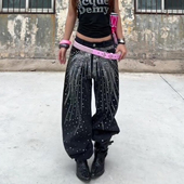 女潮牌宽松显瘦垂感阔腿拖地长裤 复古重工烫钻弯刀牛仔裤 美式 大码