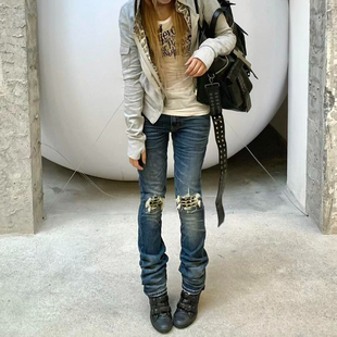 美式 显瘦直筒休闲长裤 街头水洗破坏铆钉牛仔裤 修身 女2025新款 大码