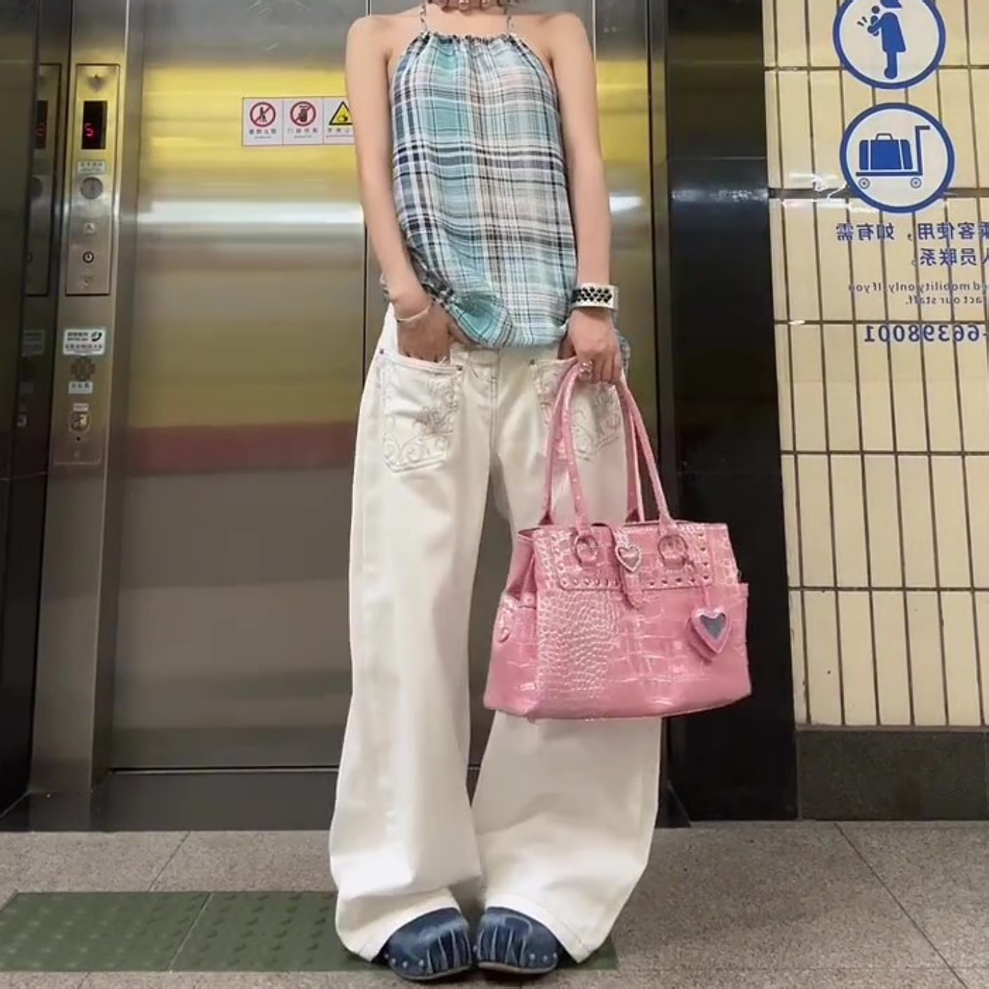 美式大码复古刺绣牛仔裤