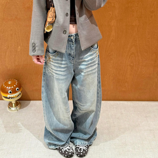 女宽松显瘦慵懒阔腿拖地长裤 复古刺绣做旧水洗猫须牛仔裤 美式 大码