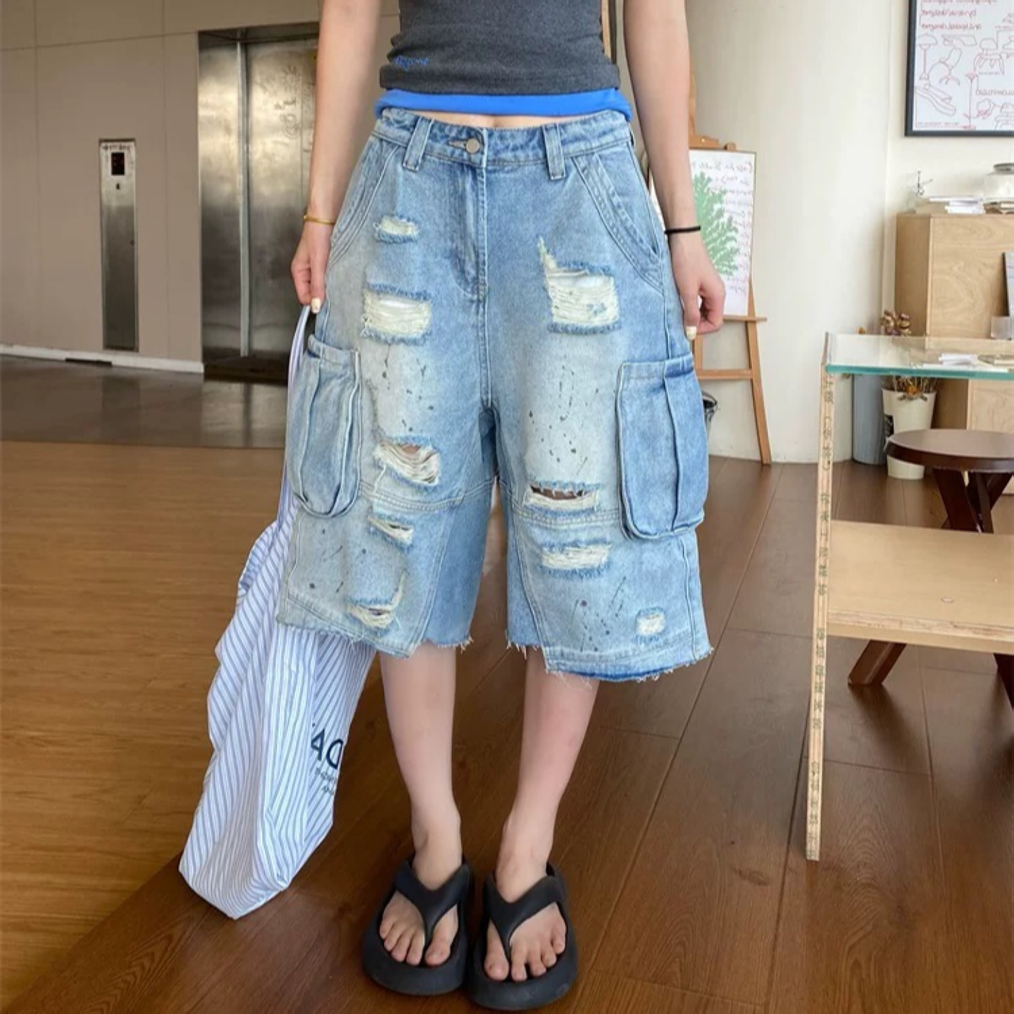 大码美式街头破洞水洗七分牛仔裤男女夏季宽松多口袋工装阔腿短裤