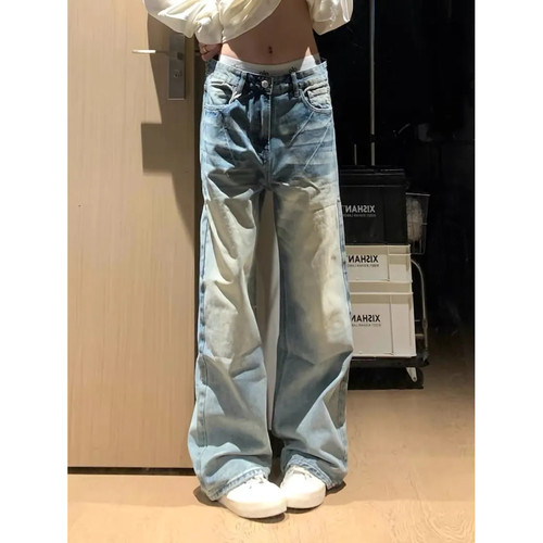 大码美式复古做旧阔腿牛仔裤