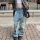 美式 男女街头设计感廓形弯刀裤 vibe大码 重工水洗猫须长排扣牛仔裤