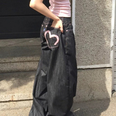 美式 复古口袋爱心牛仔裤 女2025新款 大码 高腰直筒休闲阔腿拖地长裤