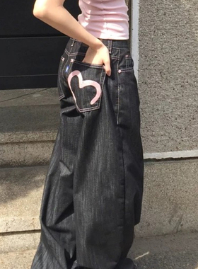 大码美式复古口袋爱心牛仔裤女2025新款高腰直筒休闲阔腿拖地长裤