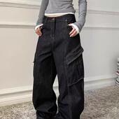 美式 复古大口袋弯刀工装 牛仔裤 大码 男女高街宽松休闲百搭阔腿长裤
