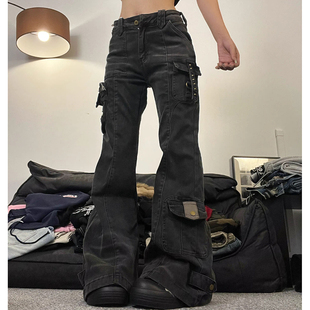 直筒长裤 大码 男女秋冬设计感修身 复古重工口袋拼接微喇牛仔裤 美式
