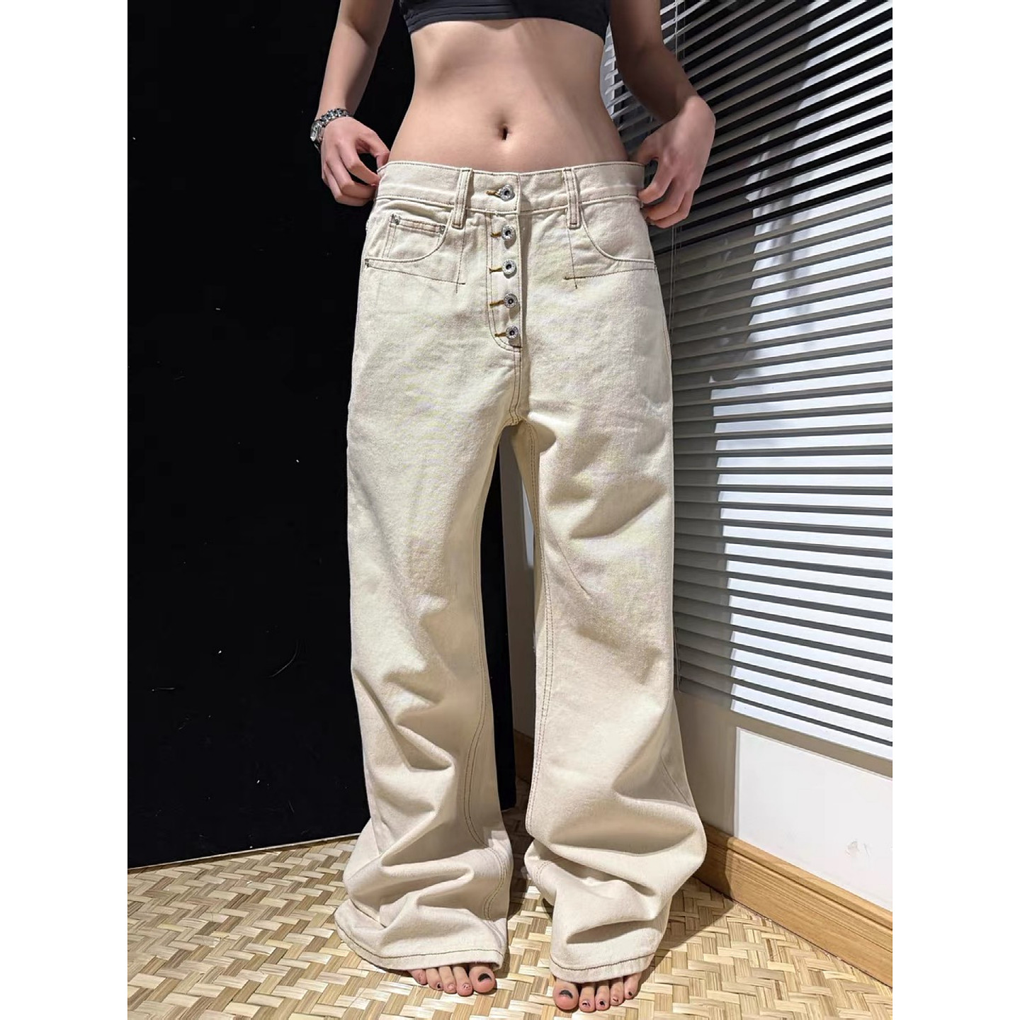 大码美式复古五连扣设计感牛仔裤男女高街vibe直筒宽松休闲拖地裤,女装/女士精品,大码裤装,淘宝优惠券,粉丝福利购,淘宝优惠卷
