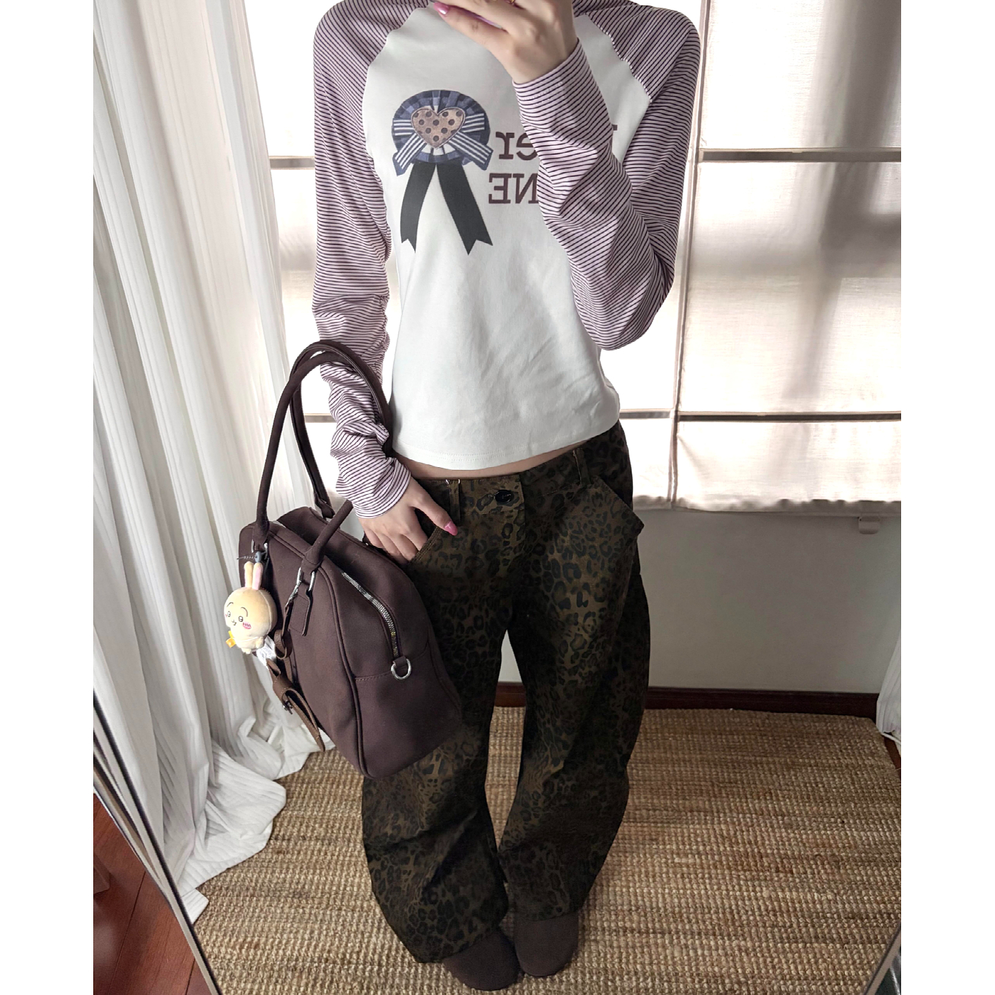 大码美式复古设计感豹纹牛仔裤