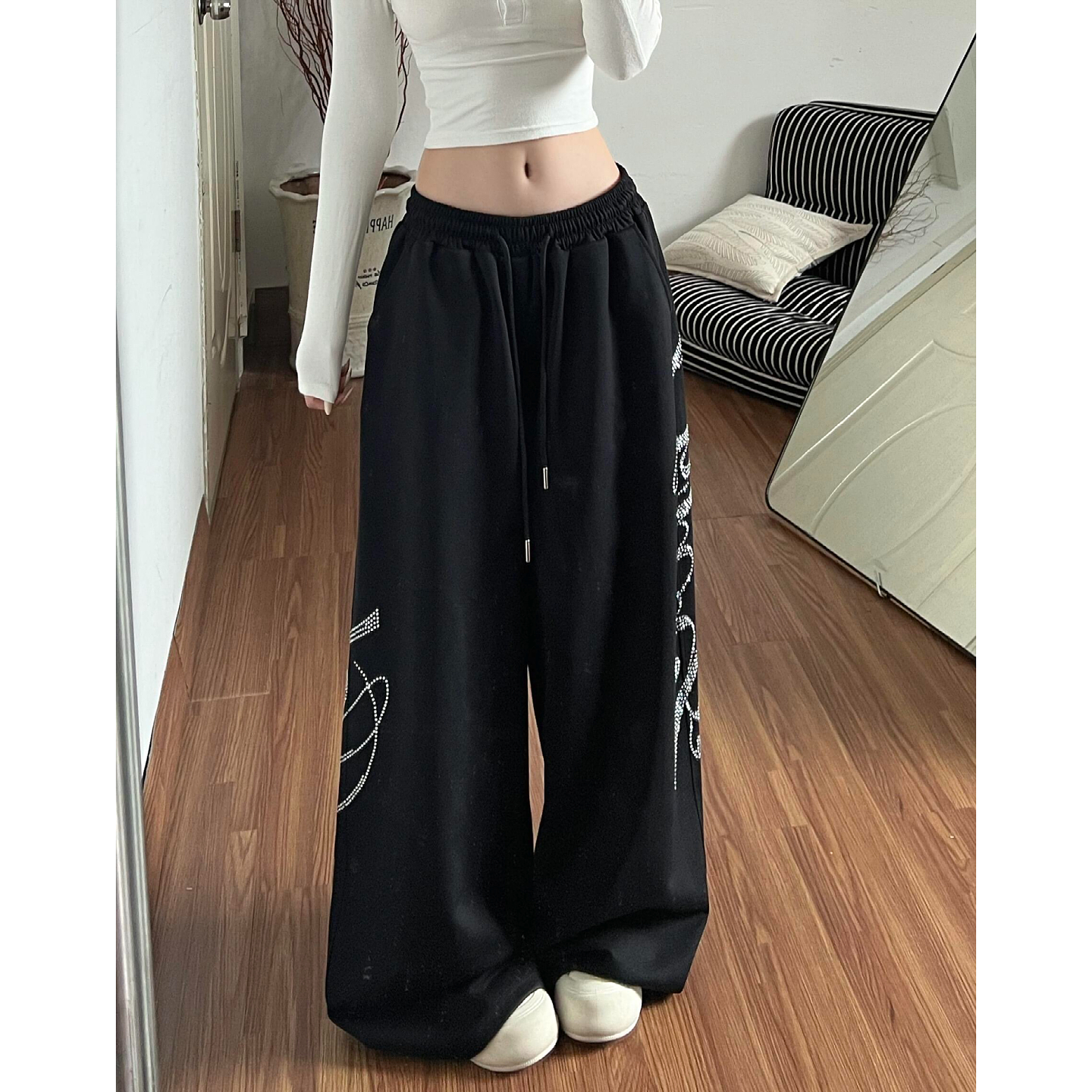 大码美式复古烫钻黑色阔腿裤女