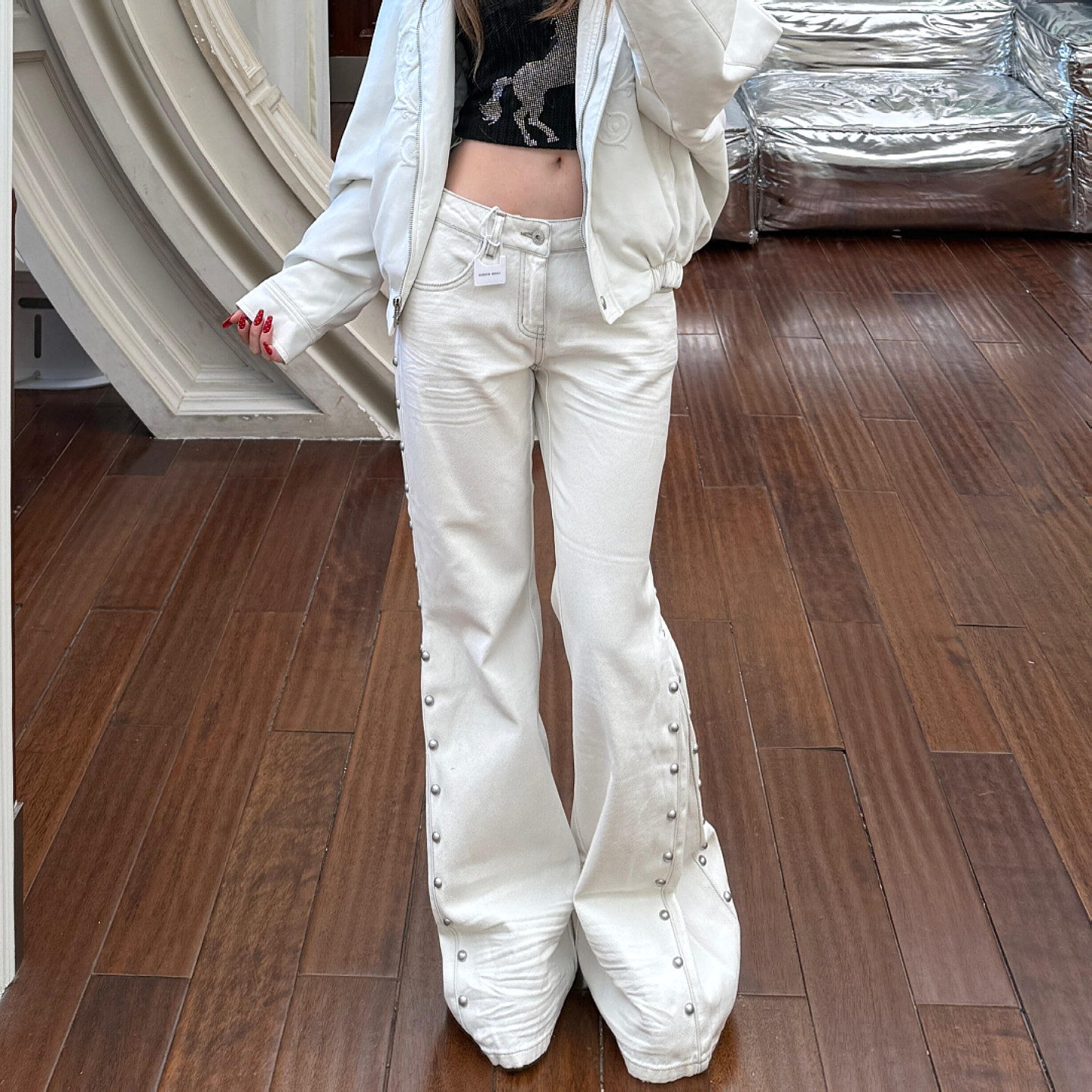 美式大码复古立体猫须铆钉牛仔裤女街头辣妹低腰开衩休闲喇叭长裤,女装/女士精品,大码裤装,淘宝优惠券,粉丝福利购,淘宝优惠卷