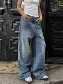 大码 男女潮牌宽松垂感阔腿拖地裤 美式 复古水洗cleanfit直筒牛仔裤