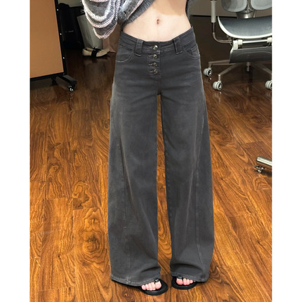 美式大码复古纽扣微喇牛仔裤女2025新款宽松显瘦垂感拖地直筒裤子