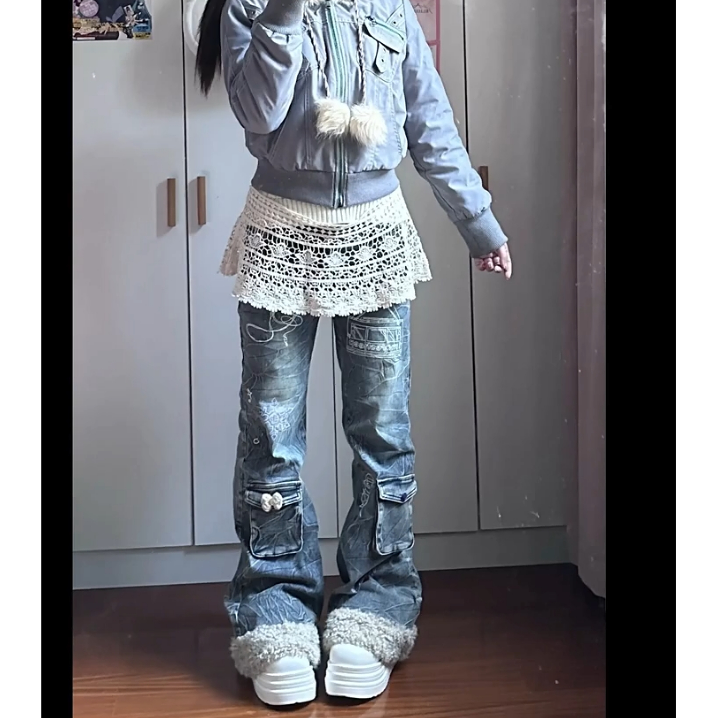 大码美式复古毛绒拼接牛仔裤