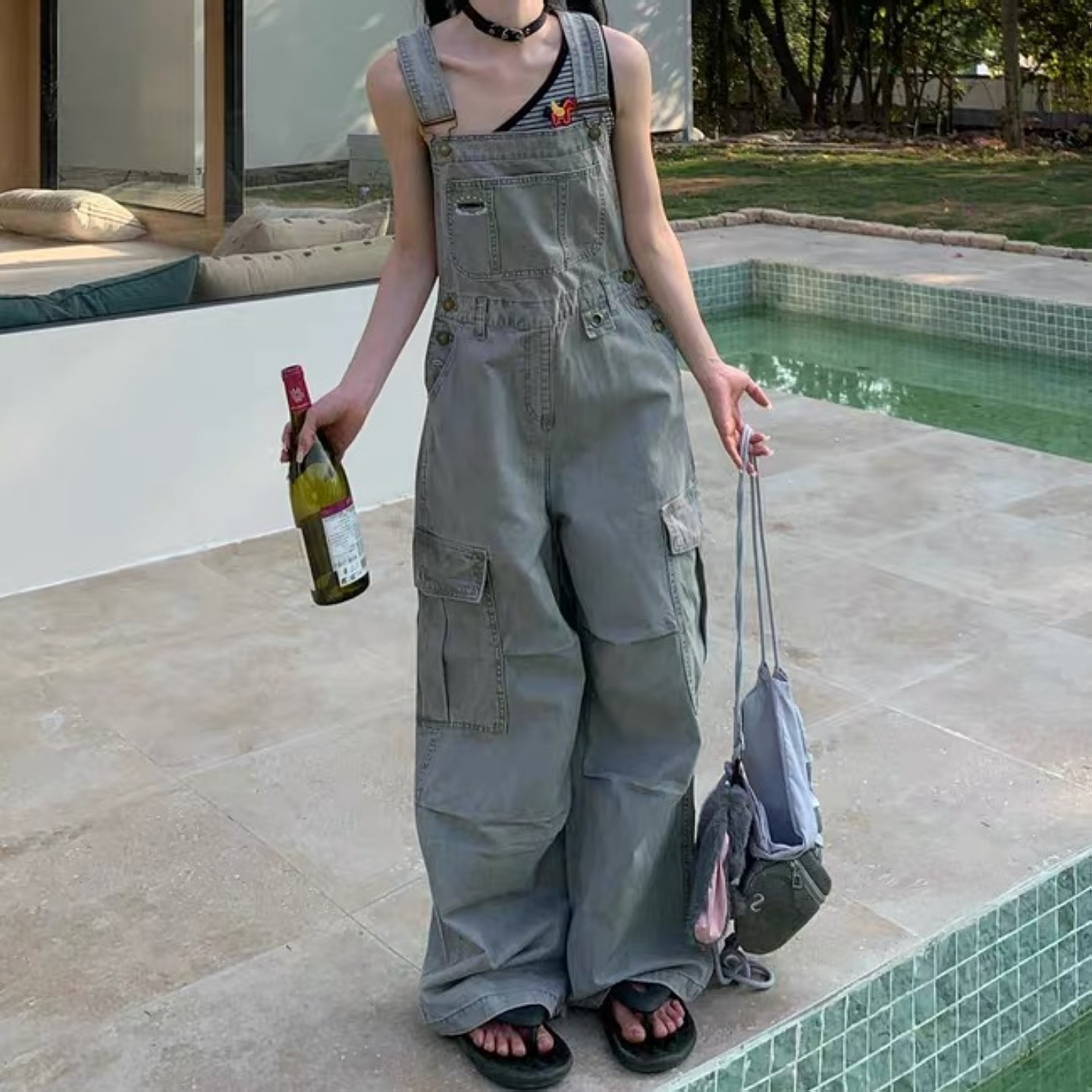 大码美式复古水洗多口袋工装牛仔背带裤男女设计感宽松直筒阔腿裤