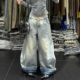 男女街头辣妹宽松显瘦垂感长裤 美式 vibe复古重工设计感卷边牛仔裤