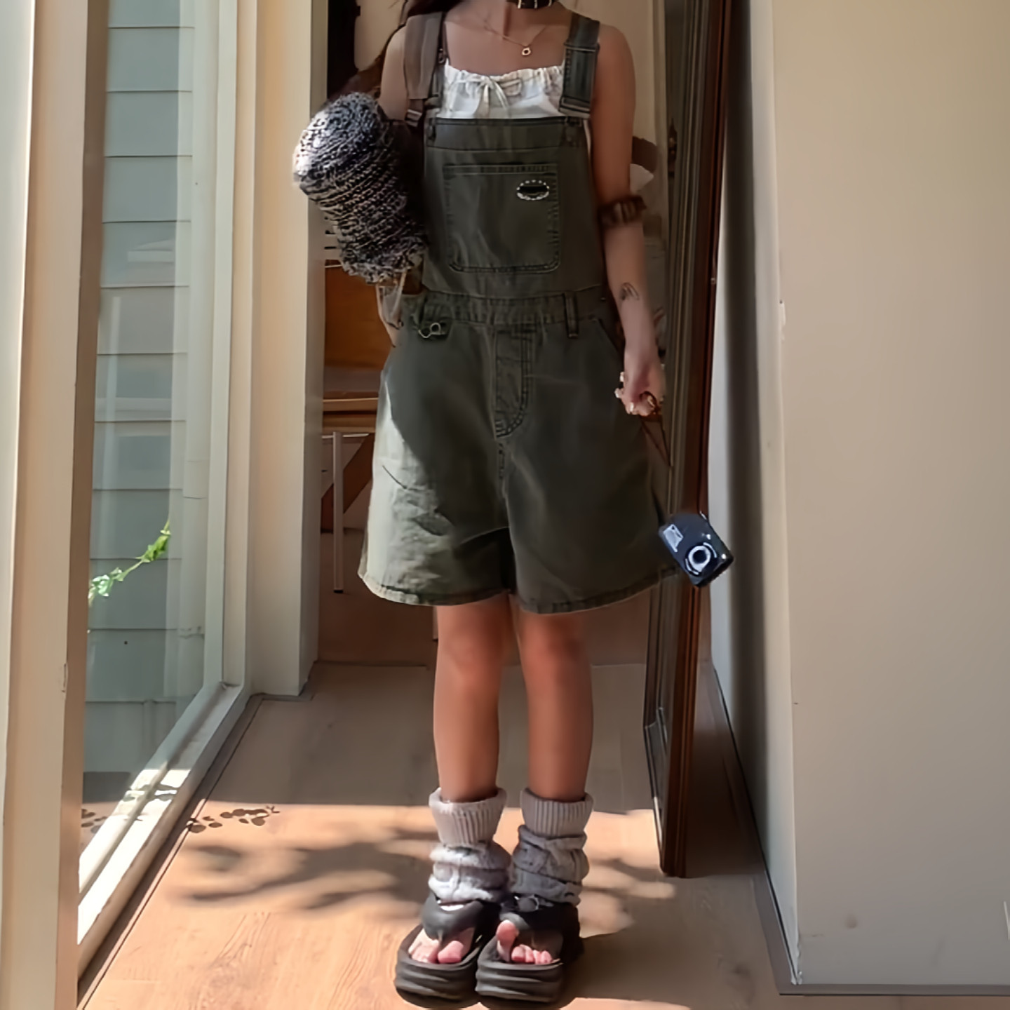 大码美式复古水洗多口袋工装背带裤女夏季新款宽松休闲阔腿七分裤