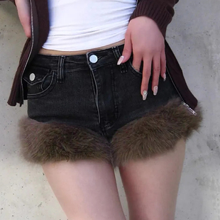 显瘦包臀热裤 大码 女设计感百搭修身 辣妹毛毛拼接低腰牛仔短裤 美式
