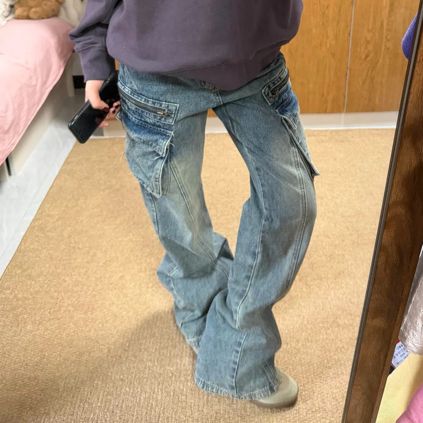 大码美式复古多口袋工装牛仔裤女秋季新款拉链设计感阔腿直筒裤潮