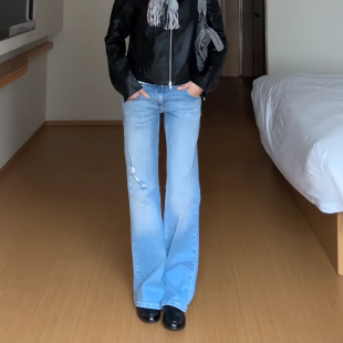 大码美式复古低腰磨破微喇牛仔裤女秋季新款街头风个性拖地长裤潮