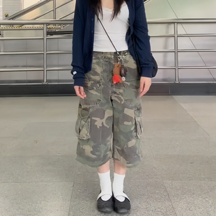 大码美式复古水洗迷彩工装七分裤男女夏季设计感宽松阔腿休闲短裤