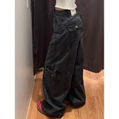 大码 复古多口袋拼接工装 牛仔裤 美式 男女水洗做旧宽松休闲直筒长裤