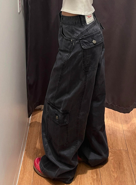 美式大码复古多口袋拼接工装牛仔裤男女水洗做旧宽松休闲直筒长裤