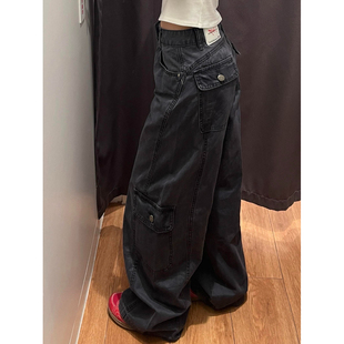 美式大码复古多口袋拼接工装牛仔裤男女水洗做旧宽松休闲直筒长裤